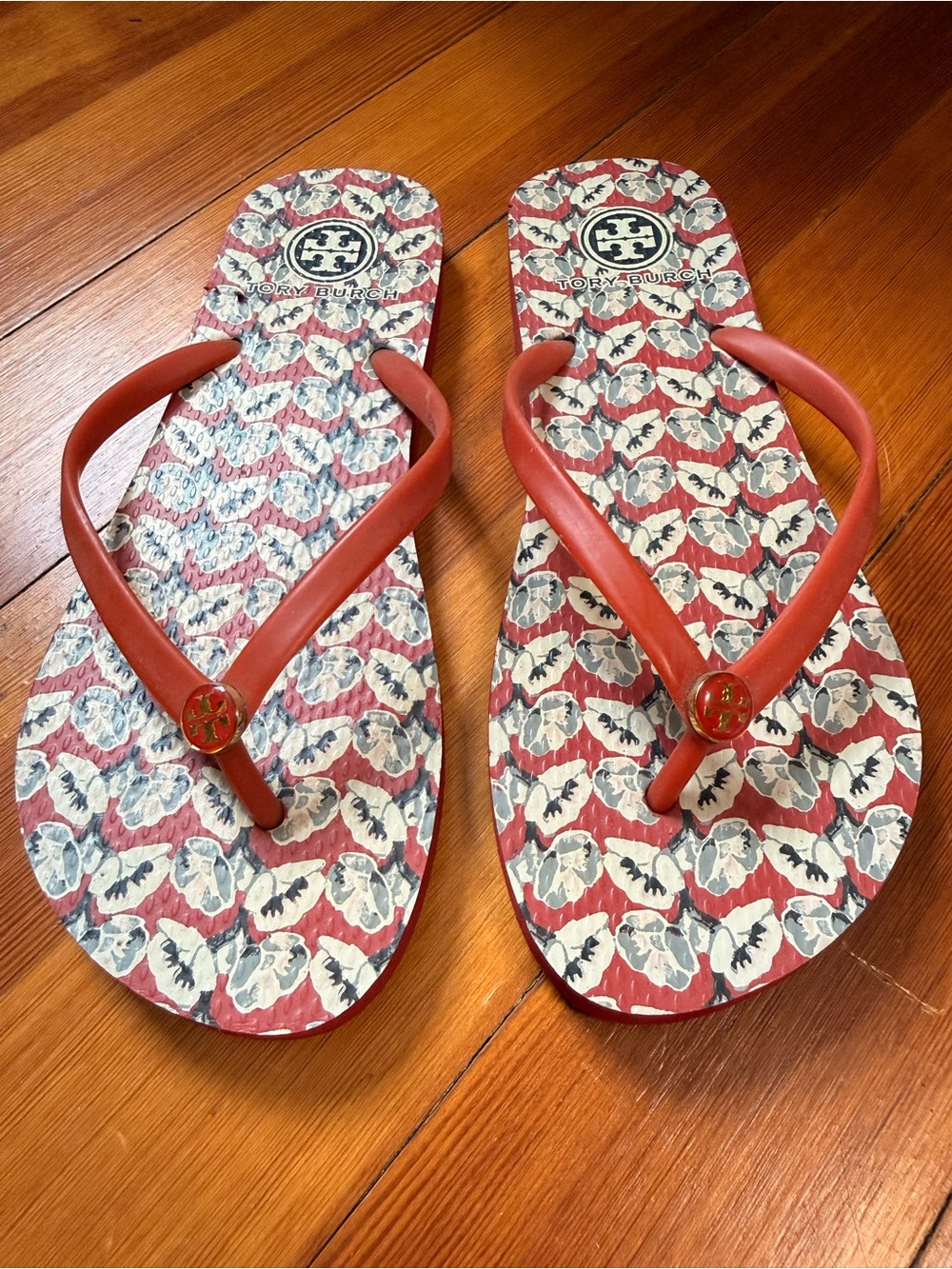 Tory Burch Red Floral-Patterned Flip Flops